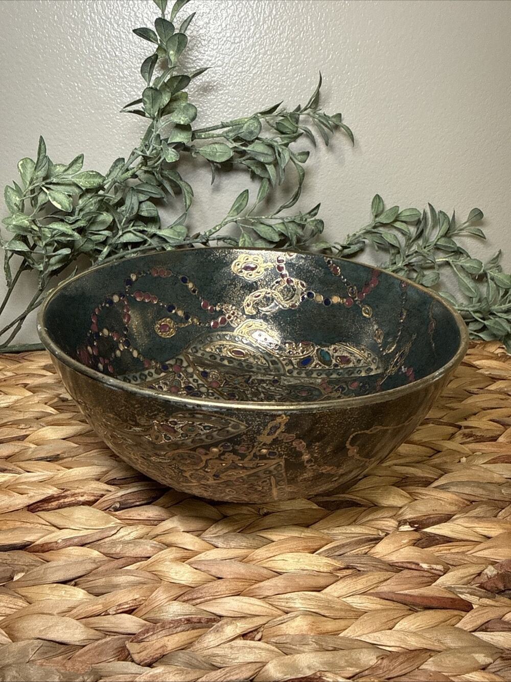 H.F.P. Macau Jeweled Porcelain Bowl Gold Enamel Treasure Chest Design 8” Vintage